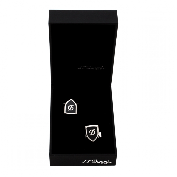 Pre Owned S.T. Dupont Blazon Black Lacquer Silver Tone Cufflinks 