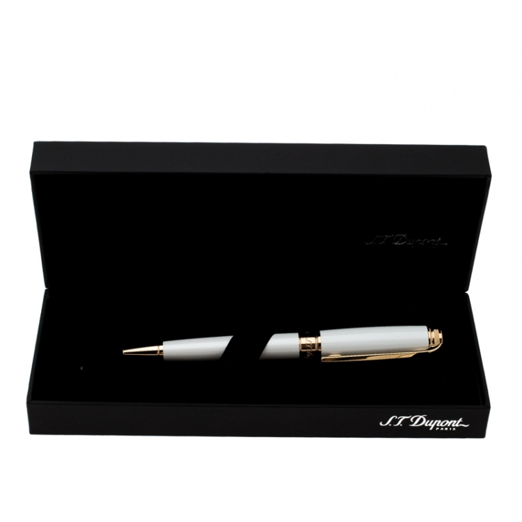Pre Owned S.T. Dupont Line D Pearly White Lacquer Gold Plated Ballpoint Pen