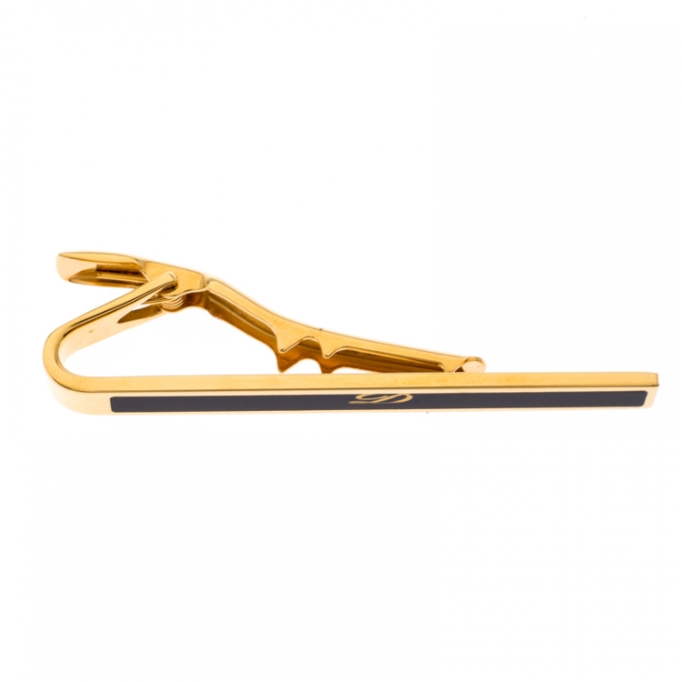 Pre Owned S.T. Dupont Black Enamel Gold Plated Tie Bar