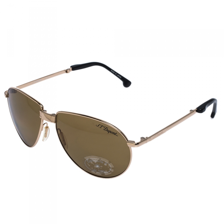 Pre Owned S.T Dupont Gold Tone/ Brown Polarized DP- 7010 Foldable Aviator Sunglasses