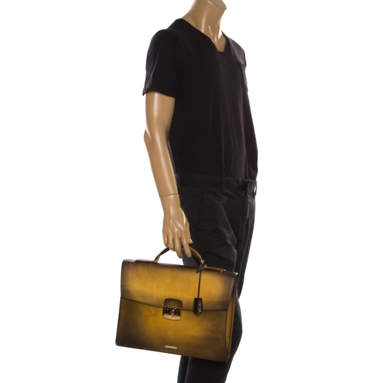 Pre Owned S.T. Dupont Yellow/Black Ombre Leather Atelier Document Holder Briefcase