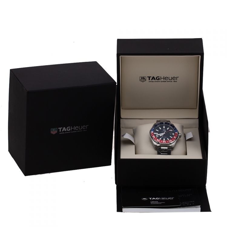 Pre Owned Tag Heuer Black Stainless Steel Aquaracer Caliber 7 GMT WAY201F.BA0927 Men's Wristwatch 44 mm