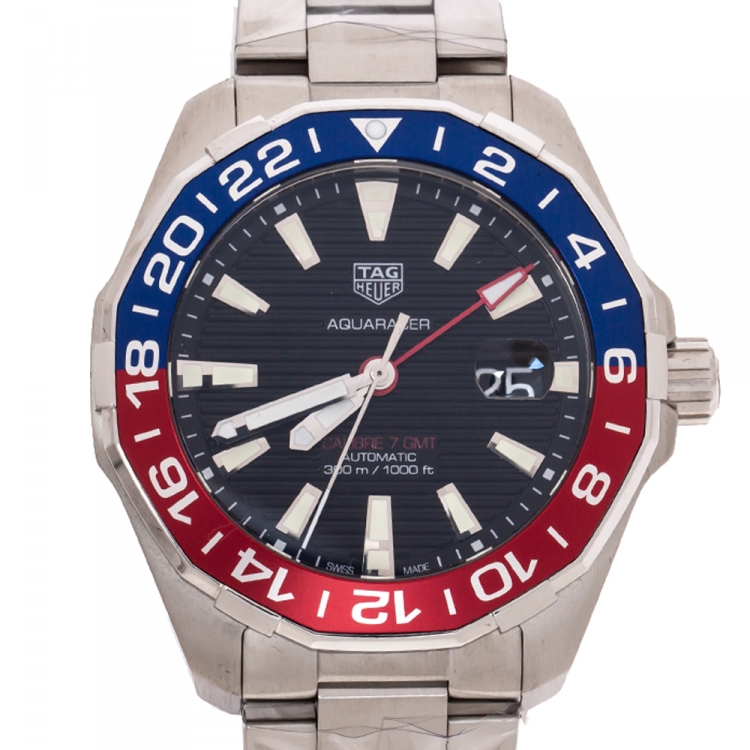 Pre Owned Tag Heuer Black Stainless Steel Aquaracer Caliber 7 GMT WAY201F.BA0927 Men's Wristwatch 44 mm