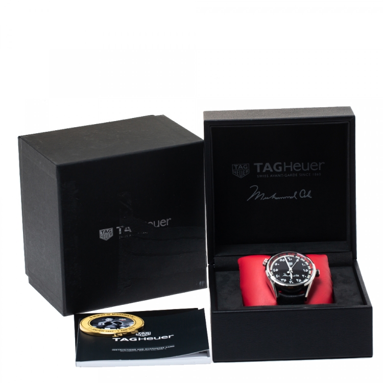 Pre Owned Tag Heuer Black Stainless Steel Leather Muhammad Ali Caliber 5 Carrera WAr2A12 Men's Wristwatch 43 mm