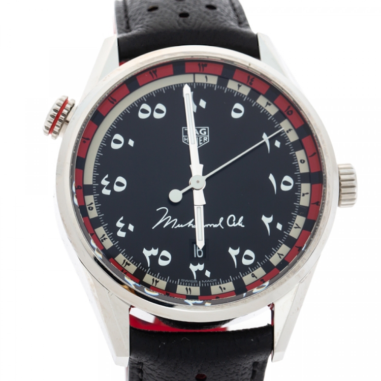Pre Owned Tag Heuer Black Stainless Steel Leather Muhammad Ali Caliber 5 Carrera WAr2A12 Men's Wristwatch 43 mm
