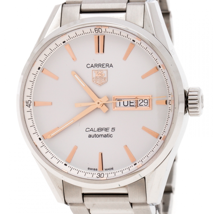 Pre Owned Tag Heuer Silver White Stainless Steel Carrera Caliber 5 WAR201D.BA0723 Men's Wristwatch 40 mm