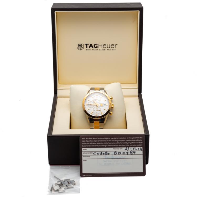 Pre Owned Tag Heuer White Carrera Steel & Yelllow Gold Plated Chronograph Automatic Men'S Watch 41MM  