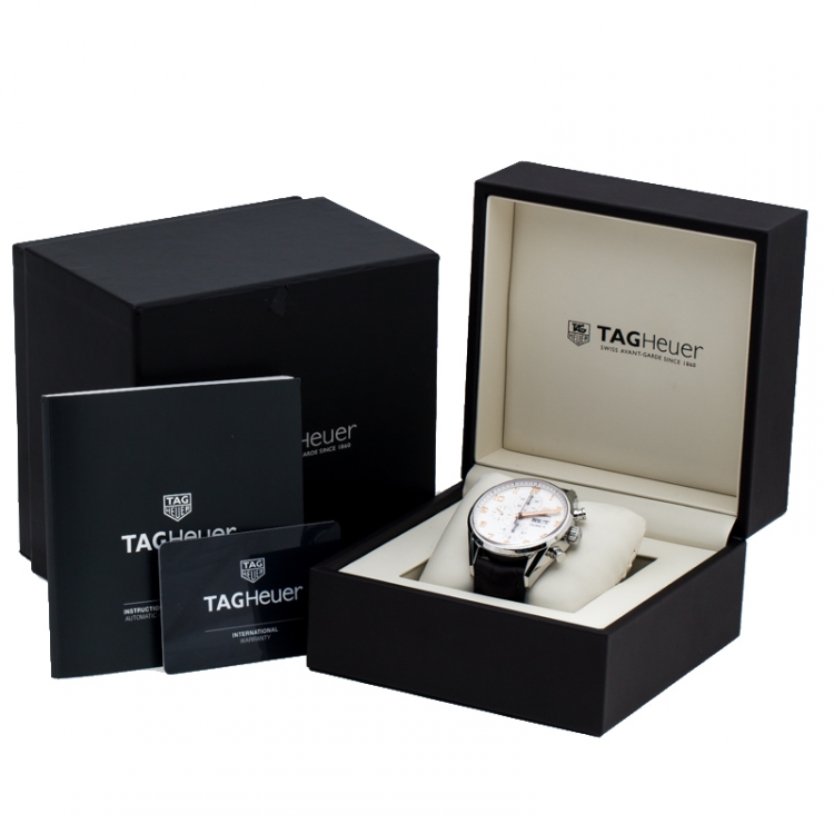 Pre Owned Tag Heuer Silver White Stainless Steel Leather Carrera Caliber 16 CV2A1AC Men's Wristwatch 43 mm