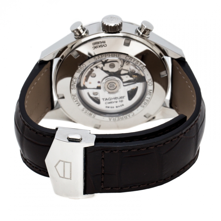 Pre Owned Tag Heuer Silver White Stainless Steel Leather Carrera Caliber 16 CV2A1AC Men's Wristwatch 43 mm