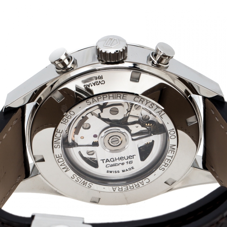 Pre Owned Tag Heuer Silver White Stainless Steel Leather Carrera Caliber 16 CV2A1AC Men's Wristwatch 43 mm