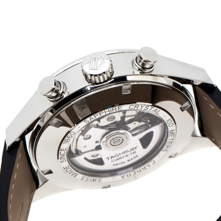 Pre Owned Tag Heuer Silver White Stainless Steel Leather Carrera Caliber 16 CV2A1AC Men's Wristwatch 43 mm