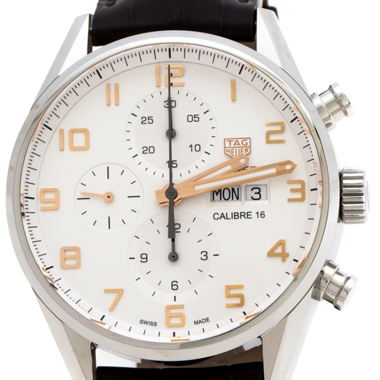 Pre Owned Tag Heuer Silver White Stainless Steel Leather Carrera Caliber 16 CV2A1AC Men's Wristwatch 43 mm
