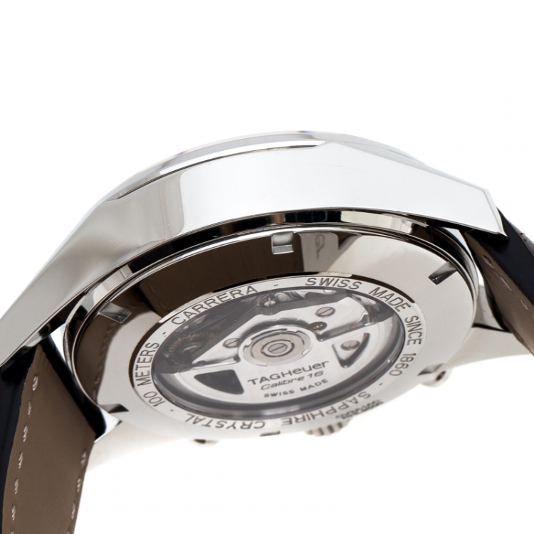 Pre Owned Tag Heuer Silver White Stainless Steel Leather Carrera Caliber 16 CV2A1AC Men's Wristwatch 43 mm