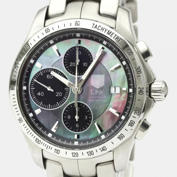Pre Owned Tag Heuer MOP Stainless Steel Link Chronograph Moon Pearl Limited CJF211M Men's Wristwatch 42 MM
