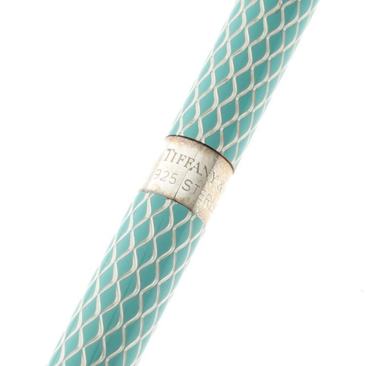 Pre Owned Tiffany & Co. Blue Lacquer Silver Ballpoint Purse Pen
