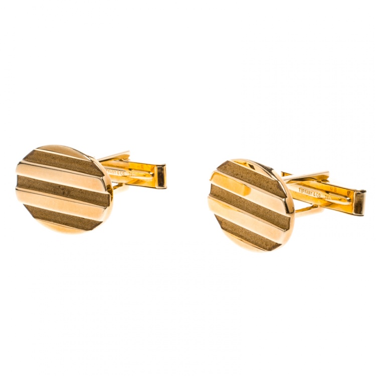 Pre Owned Tiffany & Co. Oval Stripe Textured 18k Yellow Gold Cufflinks