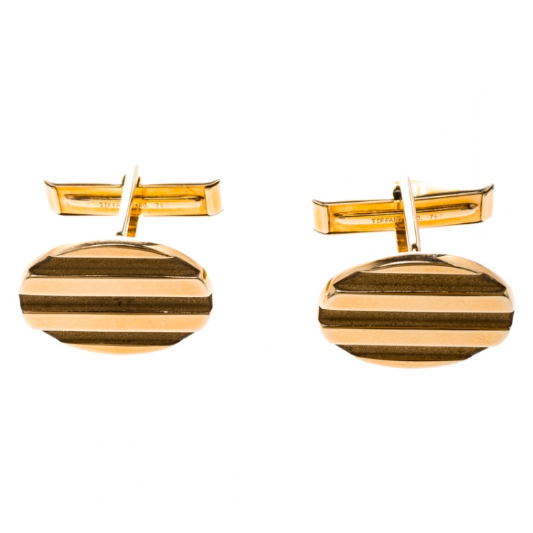 Pre Owned Tiffany & Co. Oval Stripe Textured 18k Yellow Gold Cufflinks