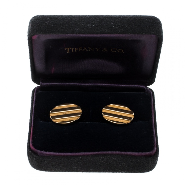 Pre Owned Tiffany & Co. Oval Stripe Textured 18k Yellow Gold Cufflinks