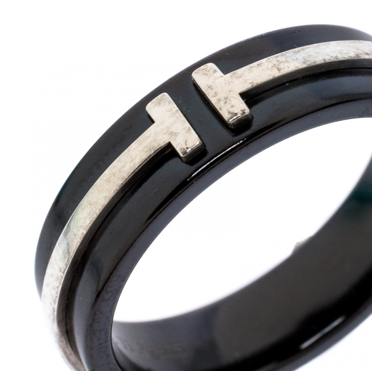 Pre Owned Tiffany T Titanium & Silver Band Ring Size 58
