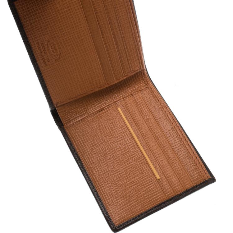 Pre Owned Tod's Brown Leather Stripe Orange Lined Bifold Wallet