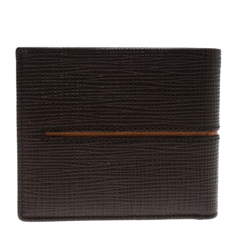 Pre Owned Tod's Brown Leather Stripe Orange Lined Bifold Wallet