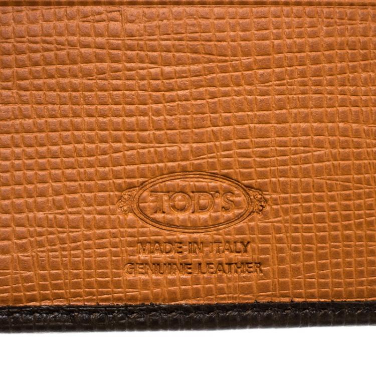 Pre Owned Tod's Brown Leather Stripe Orange Lined Bifold Wallet