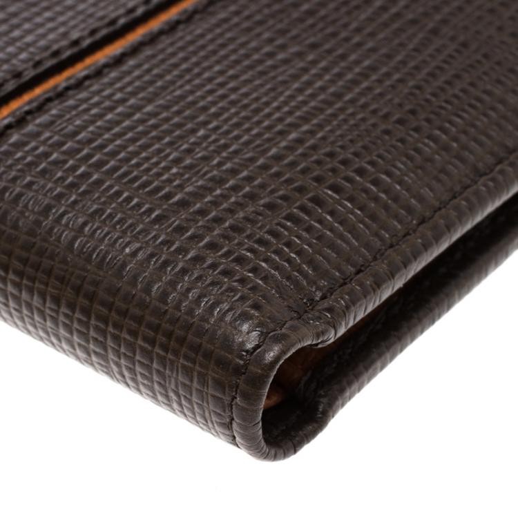 Pre Owned Tod's Brown Leather Stripe Orange Lined Bifold Wallet