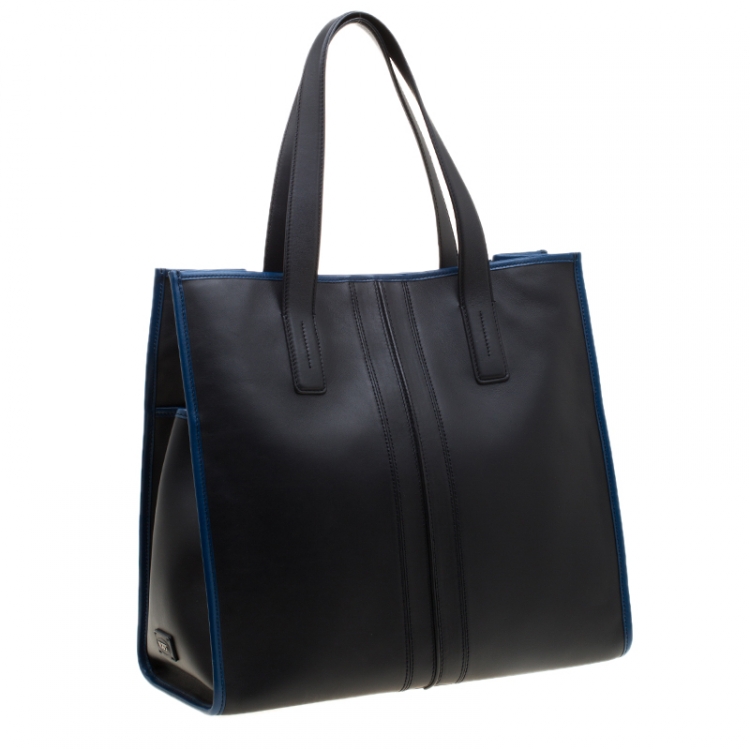 Pre Owned Tod's Black/Blue Leather Slim Script Tote