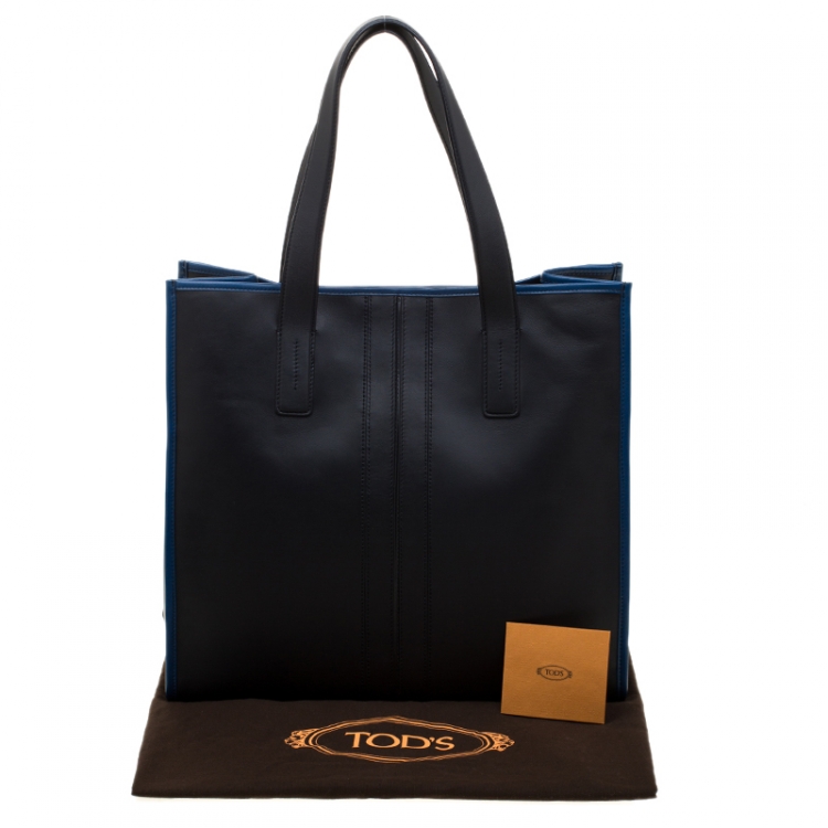 Pre Owned Tod's Black/Blue Leather Slim Script Tote