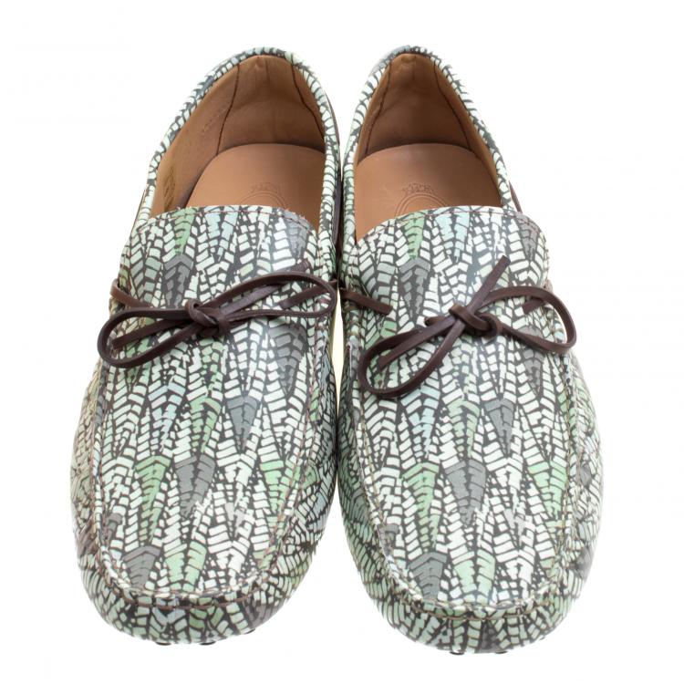 Pre Owned Tod's Green Abstract Print Leather Bow Loafers Size 45.5