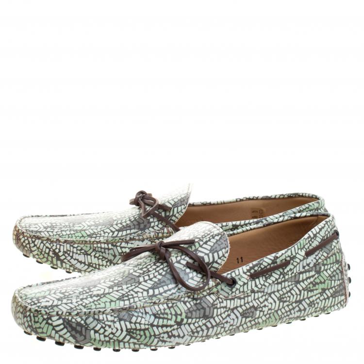 Pre Owned Tod's Green Abstract Print Leather Bow Loafers Size 45.5