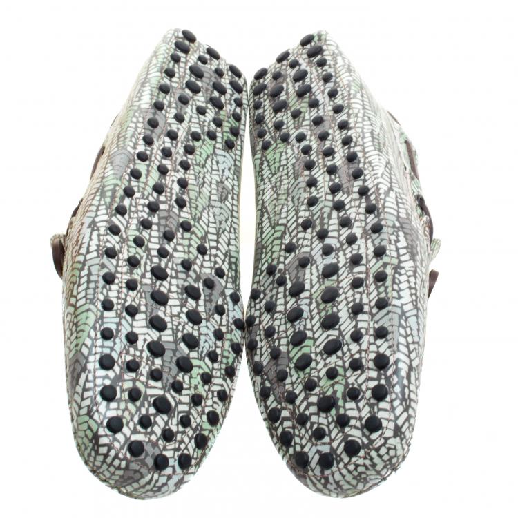 Pre Owned Tod's Green Abstract Print Leather Bow Loafers Size 45.5