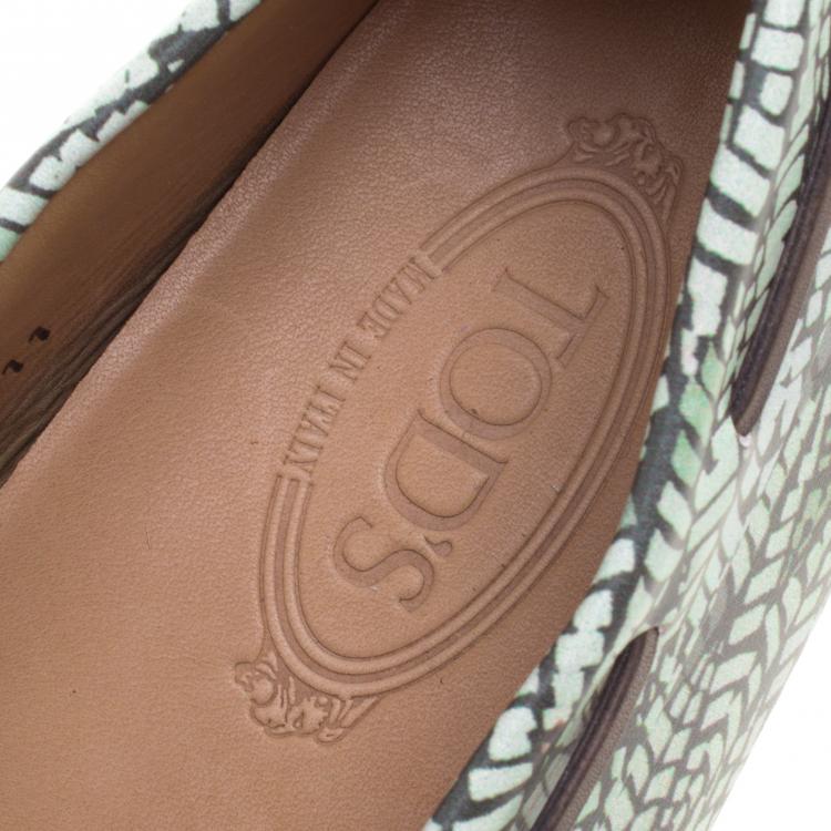 Pre Owned Tod's Green Abstract Print Leather Bow Loafers Size 45.5