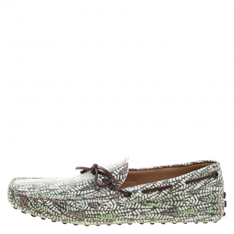 Pre Owned Tod's Green Abstract Print Leather Bow Loafers Size 45