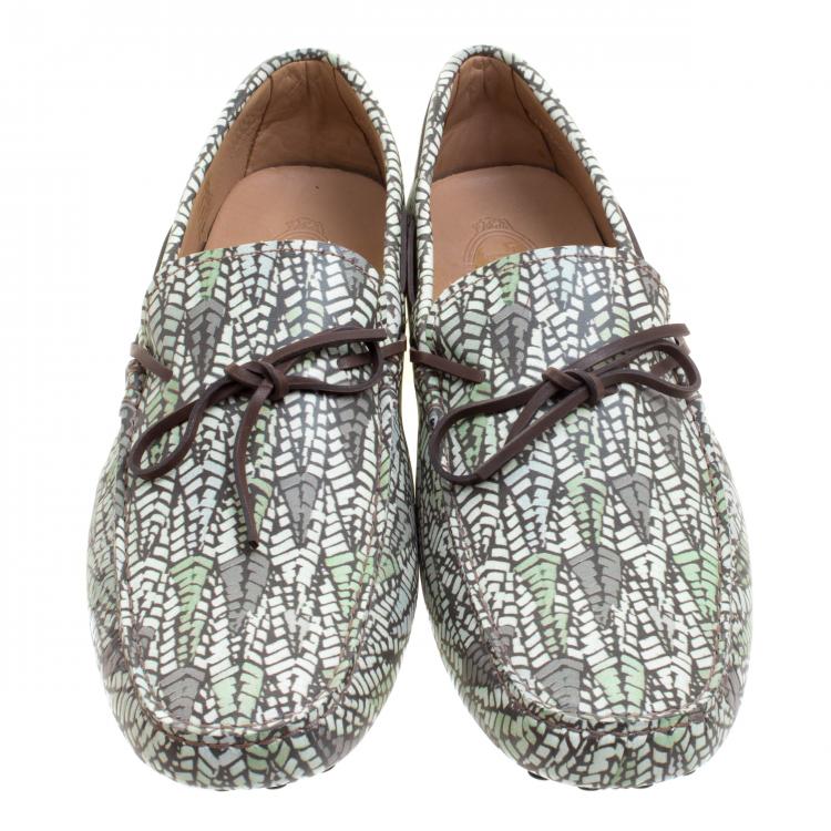 Pre Owned Tod's Green Abstract Print Leather Bow Loafers Size 45