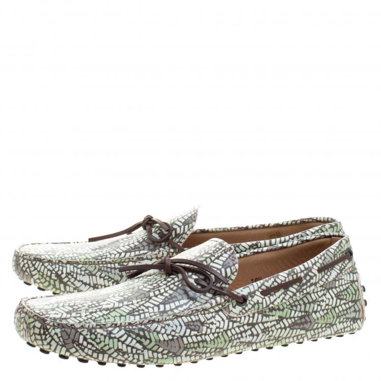 Pre Owned Tod's Green Abstract Print Leather Bow Loafers Size 45