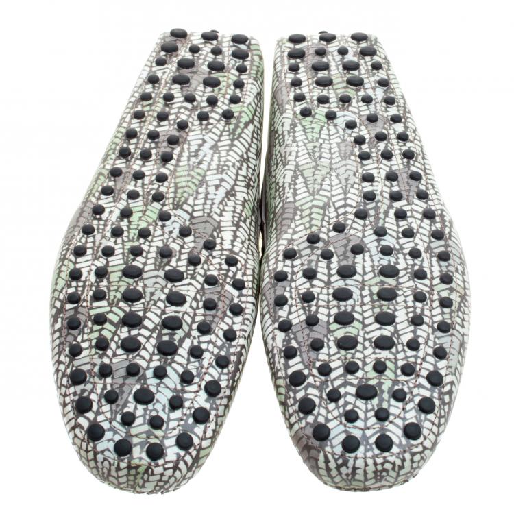 Pre Owned Tod's Green Abstract Print Leather Bow Loafers Size 45