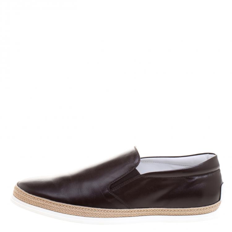Pre Owned Tod's Brown Leather Espadrille Slip-On Sneakers Size 44.5