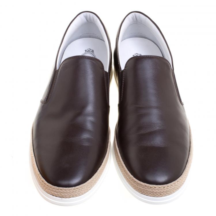 Pre Owned Tod's Brown Leather Espadrille Slip-On Sneakers Size 44.5