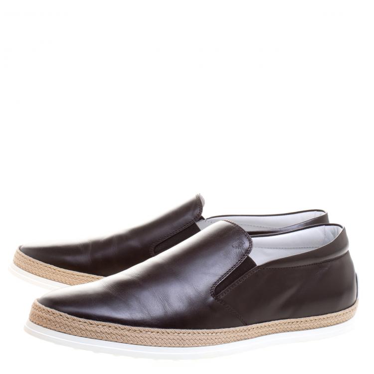 Pre Owned Tod's Brown Leather Espadrille Slip-On Sneakers Size 44.5
