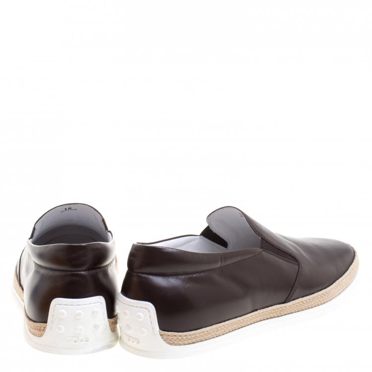 Pre Owned Tod's Brown Leather Espadrille Slip-On Sneakers Size 44.5