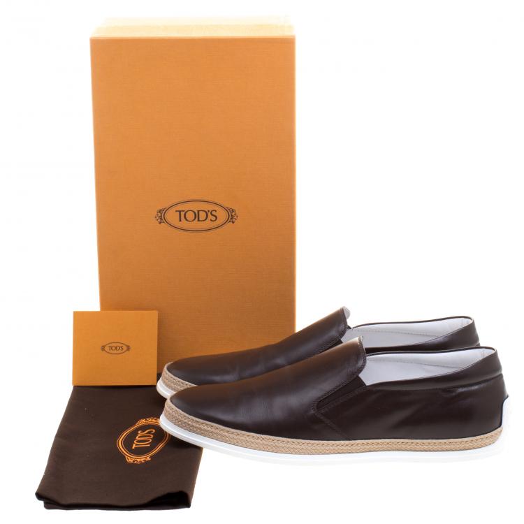 Pre Owned Tod's Brown Leather Espadrille Slip-On Sneakers Size 44.5