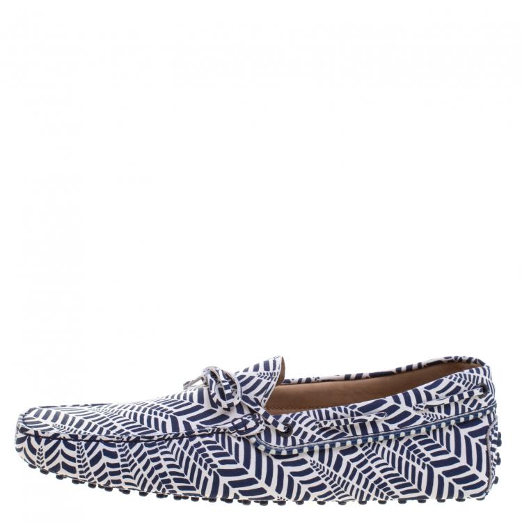 Pre Owned Tod's Blue and White Printed Leather Bow Loafers Size 46.5