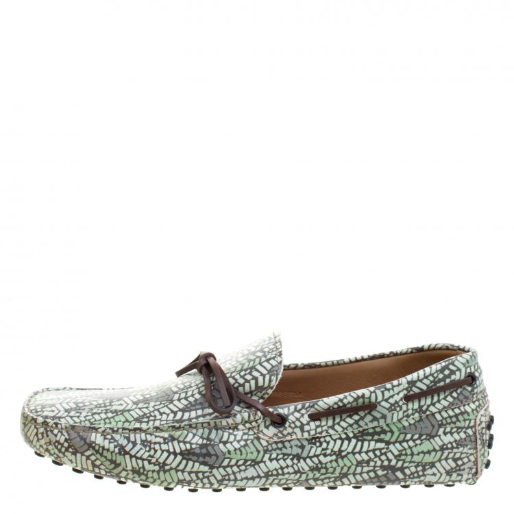 Pre Owned Tod's Green Abstract Print Leather Bow Loafers Size 43