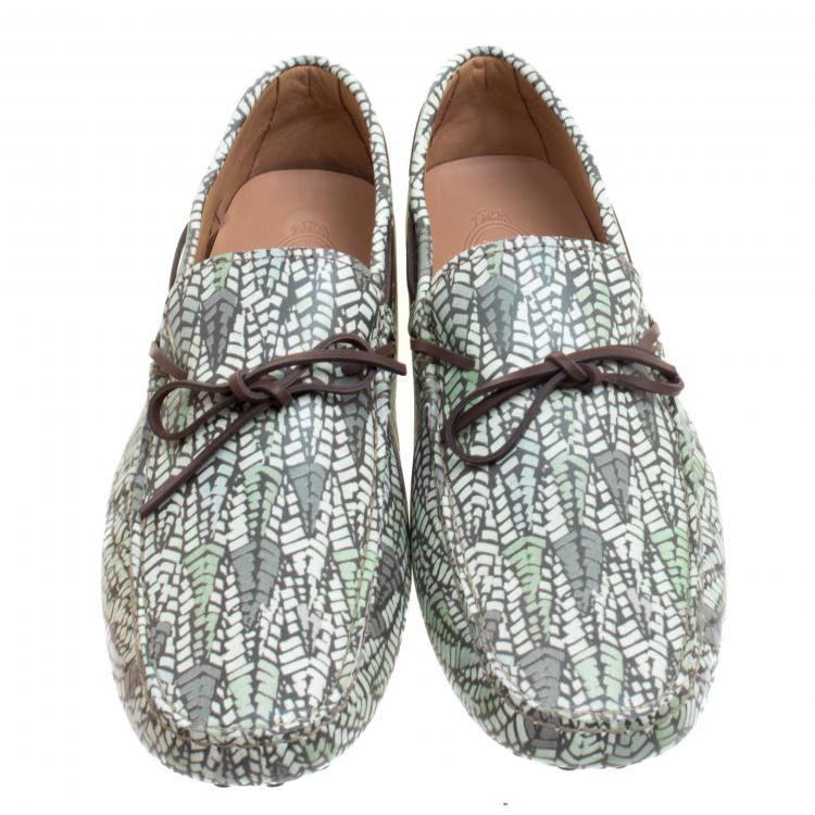 Pre Owned Tod's Green Abstract Print Leather Bow Loafers Size 43
