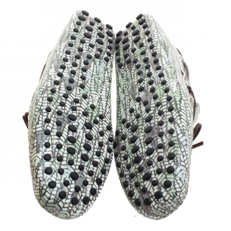 Pre Owned Tod's Green Abstract Print Leather Bow Loafers Size 43