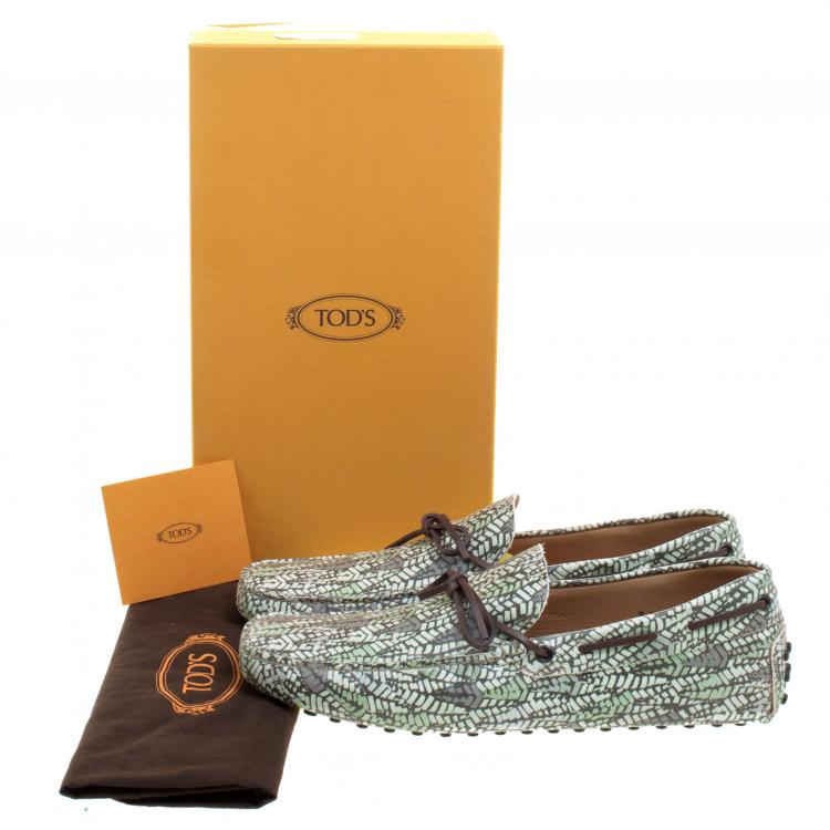 Pre Owned Tod's Green Abstract Print Leather Bow Loafers Size 43