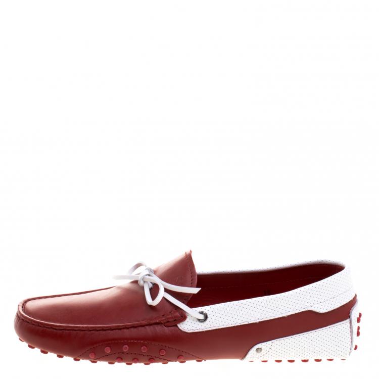 Pre Owned Tod's for Ferrari Red and White Leather Bow Loafers Size 44.5