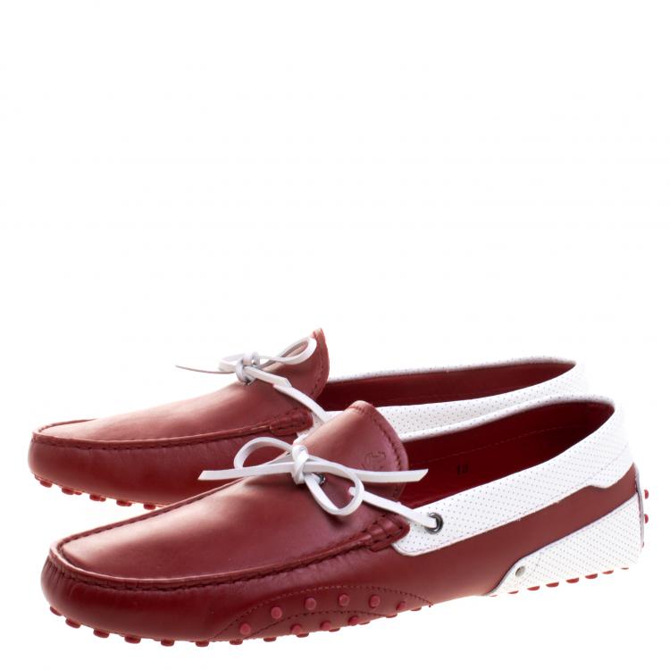 Pre Owned Tod's for Ferrari Red and White Leather Bow Loafers Size 44.5