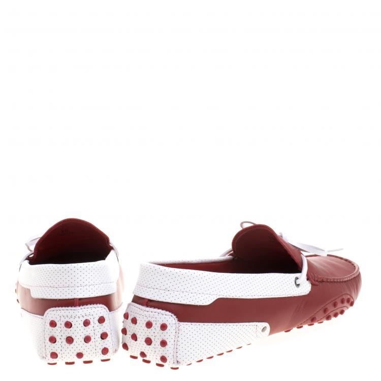 Pre Owned Tod's for Ferrari Red and White Leather Bow Loafers Size 44.5